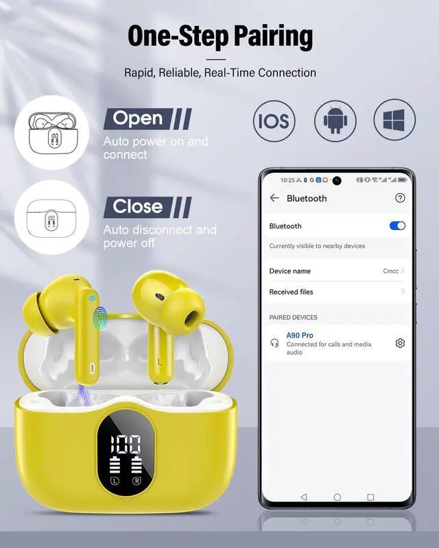 Alt view image 5 of 5 - Wireless Earbuds, Bluetooth 5.4 Headphones Bass Stereo, Ear Buds with Noise Cancelling Mic, IP7 Waterproof in Ear Earphones, 36H LED Display Bluetooth Earbuds for Laptop Pad Phones Sports, Yellow