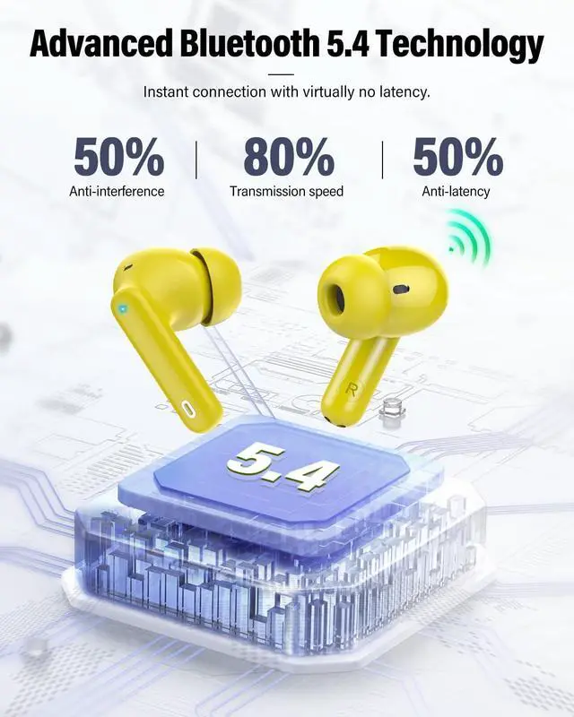 Alt view image 4 of 5 - Wireless Earbuds, Bluetooth 5.4 Headphones Bass Stereo, Ear Buds with Noise Cancelling Mic, IP7 Waterproof in Ear Earphones, 36H LED Display Bluetooth Earbuds for Laptop Pad Phones Sports, Yellow