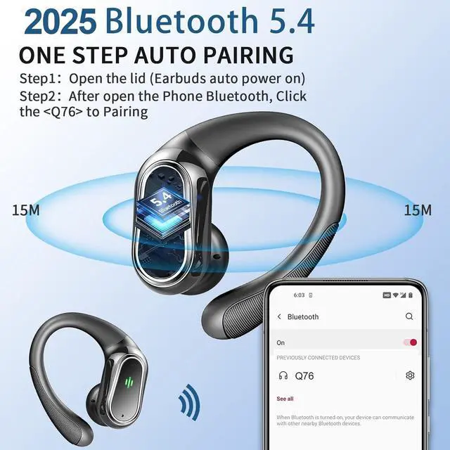 Alt view image 2 of 5 - Wireless Earbuds, 2025 Bluetooth 5.4 Headphones Sport, Bluetooth Earbuds with ENC Noise Canceling Mic, 50H Stereo Wireless Headphones IP7 Waterproof with Earhooks, Dual LED Display for Workout/Running
