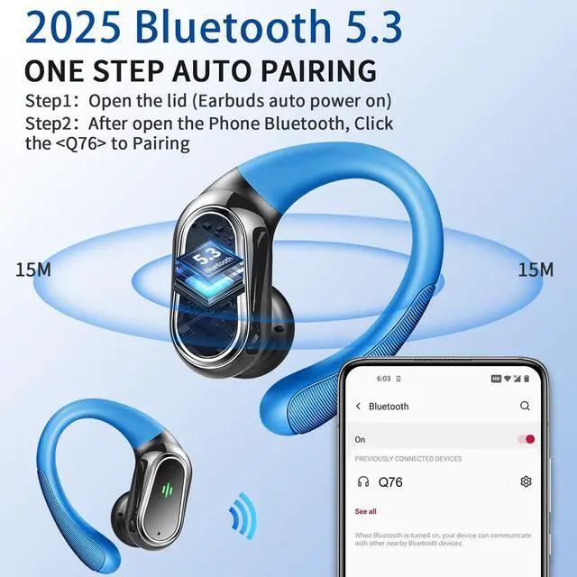 Alt view image 2 of 5 - Wireless Earbuds, 2025 Bluetooth 5.4 Headphones Sport, Bluetooth Earbuds with ENC Noise Canceling Mic, 50H Stereo Wireless Headphones IP7 Waterproof with Earhooks, Dual LED Display for Workout/Running