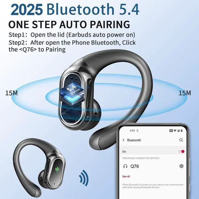 Alt view image 2 of 5 - Wireless Earbuds, 2025 Bluetooth 5.4 Headphones Sport, Bluetooth Earbuds with ENC Noise Canceling Mic, 50H Stereo Wireless Headphones IP7 Waterproof with Earhooks, Dual LED Display for Workout/Running