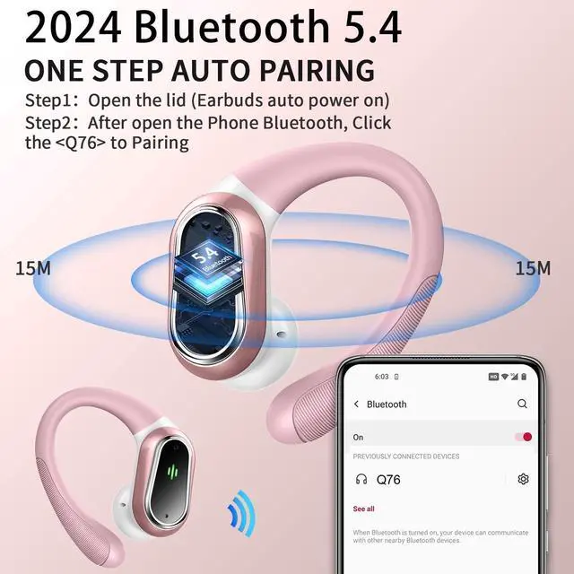 Alt view image 2 of 5 - Wireless Earbuds, 2025 Bluetooth 5.4 Headphones Sport, Bluetooth Earbuds with ENC Noise Canceling Mic, 50H Stereo Wireless Headphones IP7 Waterproof with Earhooks, Dual LED Display for Workout/Running