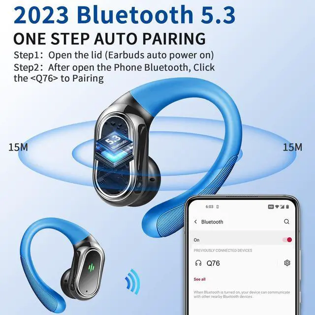 Alt view image 2 of 5 - Rolosar 2 Pack Q76 Light Blue and Navy Blue Wireless Headphones Sport, Wireless Earbuds with Noise Cancelling Mic, 50H Stereo Wireless Headphones IP7 Waterproof with Earhooks for Running/Workout