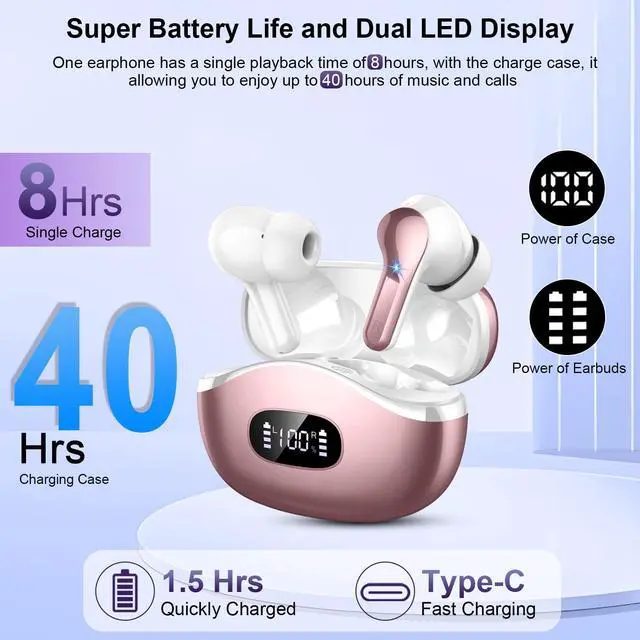 Alt view image 3 of 5 - Wireless Earbuds Bluetooth Headphones, 2025 Hi-Fi Stereo Deep Bass Ear Buds, 4 ENC Noise Cancelling Mic, USB Fast Charging in-Ear Earphones, IP7 Waterproof Workout Sport for Laptop Pad Android iOS