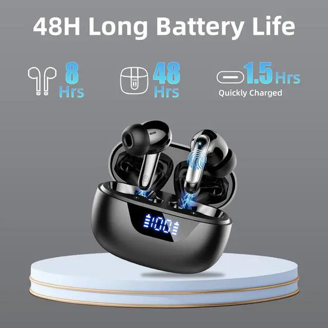 Alt view image 2 of 5 - Wireless Earbuds Bluetooth 5.3 Headphones Headphones Bass Stereo, 48Hrs Playback Ear Buds with LED Display IPX7 Waterproof in-Ear Earphones with Mic for Phone Tablet Laptop