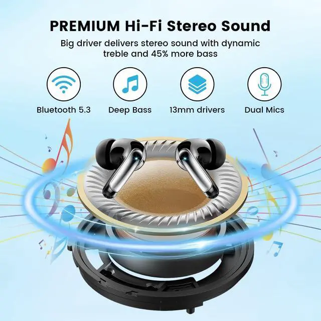 Alt view image 3 of 5 - Wireless Earbuds Bluetooth 5.3 Headphones Headphones Bass Stereo, 48Hrs Playback Ear Buds with LED Display IPX7 Waterproof in-Ear Earphones with Mic for Phone Tablet Laptop