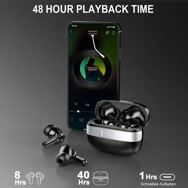 Alt view image 2 of 5 - Wireless Earbuds Bluetooth, Bluetooth 5.3 HiFi Stereo Ear Buds With 4 ENC Mic, 48H Playtime Earphones with LED Power Display, IPX7 Waterproof Wireless Headphones Compatible with iOS Android. Black
