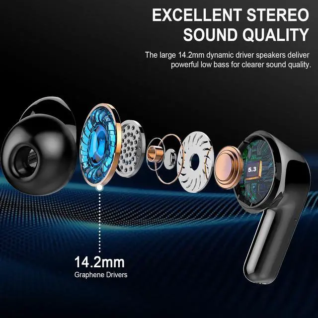 Alt view image 4 of 5 - Wireless Earbuds Bluetooth, Bluetooth 5.3 HiFi Stereo Ear Buds With 4 ENC Mic, 48H Playtime Earphones with LED Power Display, IPX7 Waterproof Wireless Headphones Compatible with iOS Android. Black