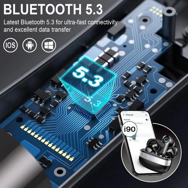 Alt view image 5 of 5 - Wireless Earbuds Bluetooth, Bluetooth 5.3 HiFi Stereo Ear Buds With 4 ENC Mic, 48H Playtime Earphones with LED Power Display, IPX7 Waterproof Wireless Headphones Compatible with iOS Android. Black