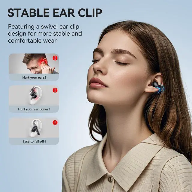 Alt view image 3 of 5 - Oraolo Open Ear AC600 Headphones, Bluetooth 5.4 Wireless Earbuds with HiFi Stereo, Clip-On Earbuds with ENC Clear Call, 21H Playtime, Touch Control, IPX6 Waterproof Wireless Headphones for Workout