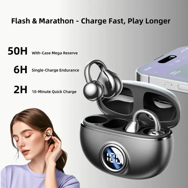 Alt view image 5 of 5 - M97 Clip On Earbuds Wireless Bluetooth 5.3, Open Ear Headphones with 50H Battery 10-Min Quick Charge, Featherlight C-Shaped Hook, Secure Fit for Running/Gym, IPX5 Waterproof, Deep Bass(black)
