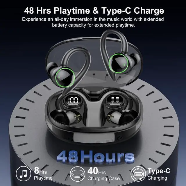 Alt view image 4 of 5 - Wireless Earbuds, Bluetooth 5.3 Headphones Sport, Over Ear Buds With ENC Noise Cancelling Mic, 48H, Wireless Earphone With Earhooks, Stereo Deep Bass, IP7 Waterproof Headset for Workout Running, Black