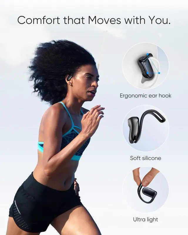 Alt view image 2 of 5 - NEOQOQO Open Ear Headphones, 0.28oz Lightweight Next-Gen Bluetooth 5.4 Air Conduction Wireless Earbuds w/Extra Bass, 48H Playtime, 3 EQ Modes, ENC Mic, IPX5, Snug Fit for Workout Running Beige