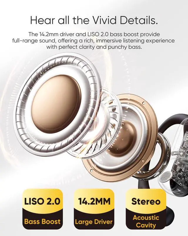 Alt view image 3 of 5 - NEOQOQO Open Ear Headphones, 0.28oz Lightweight Next-Gen Bluetooth 5.4 Air Conduction Wireless Earbuds w/Extra Bass, 48H Playtime, 3 EQ Modes, ENC Mic, IPX5, Snug Fit for Workout Running Beige