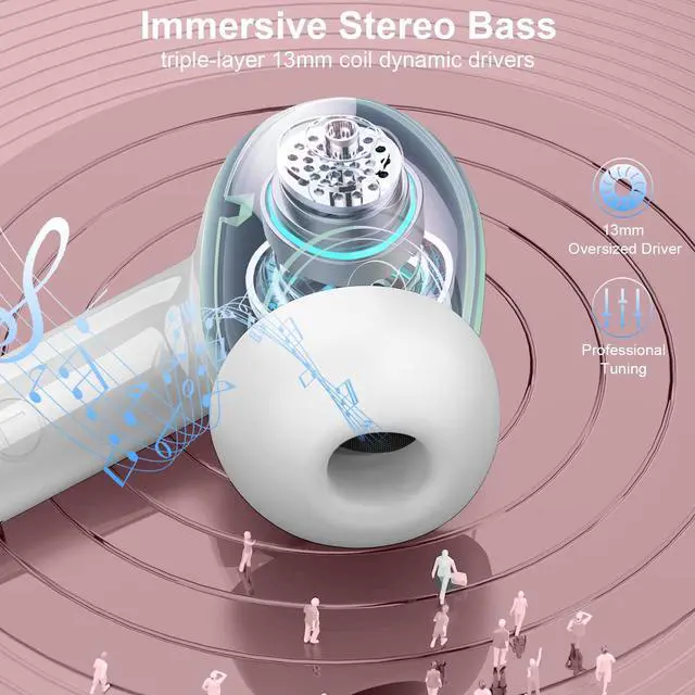 Alt view image 3 of 5 - Nerunsa Wireless Earbuds, Bluetooth 5.4 Headphones with 4 ENC Noise Cancelling Mic, 45Hrs Playtime Bluetooth Earphones HiFi Stereo Deep Bass, in Ear Earbuds IP7 Waterproof, Wireless Headphones