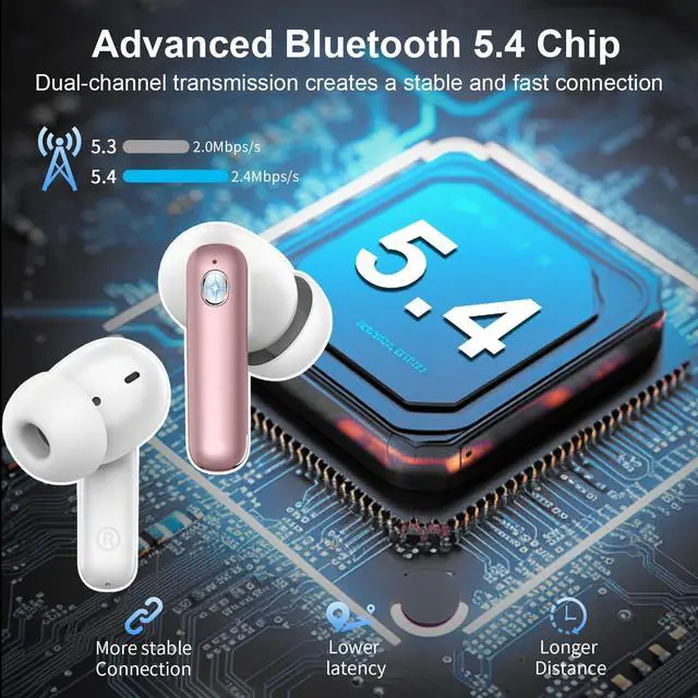 Alt view image 2 of 5 - Nerunsa Wireless Earbuds, Bluetooth 5.4 Headphones with 4 ENC Noise Cancelling Mic, 45Hrs Playtime Bluetooth Earphones HiFi Stereo Deep Bass, in Ear Earbuds IP7 Waterproof, Wireless Headphones