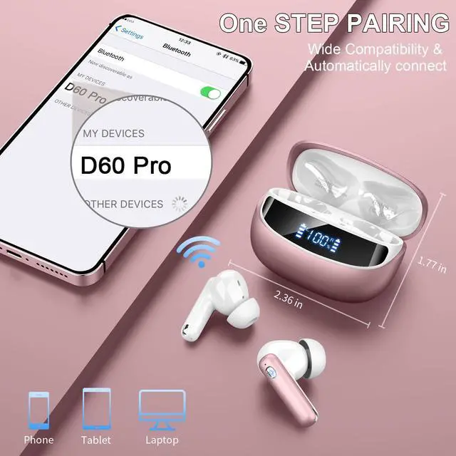 Alt view image 4 of 5 - Nerunsa Wireless Earbuds, Bluetooth 5.4 Headphones with 4 ENC Noise Cancelling Mic, 45Hrs Playtime Bluetooth Earphones HiFi Stereo Deep Bass, in Ear Earbuds IP7 Waterproof, Wireless Headphones