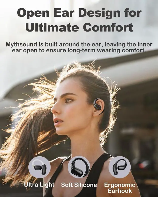 Alt view image 3 of 5 - Mythsound Open Ear Headphones, Bluetooth 5.3 Wireless Earbuds with Earhooks, 75 Hours Playtime, Fast Charging, Sweat Resistant, Digital Display Charging Case for Music, Game, Sport(Black)