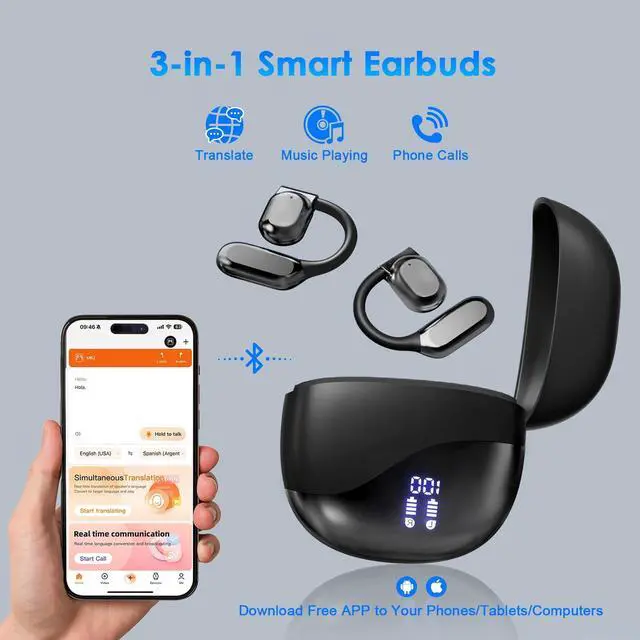 Alt view image 2 of 5 - AI Translation Earbuds Real Time for iPhone and Android, 144 Language Translator Earbuds 3-in-1 Translation Headphones Translating Device for Travel Business Learning with Charging Case(Black&Gold)