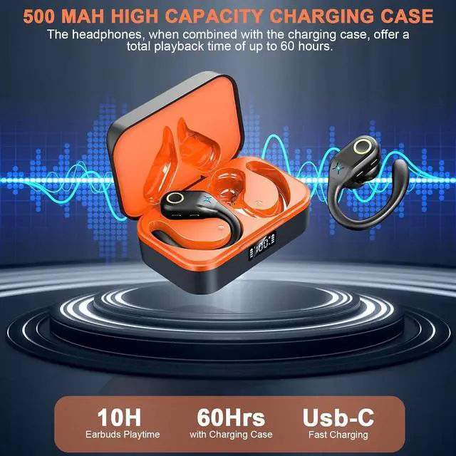 Alt view image 4 of 5 - Wireless Earbuds Bluetooth 5.3 Headphones Sports, HiFi Stereo Ear Buds, 60H Playtime, ENC Noise Canceling, USB-C Charging, Button Control, IPX7 Waterproof Earhooks Earphones for Sports/Workout/Running