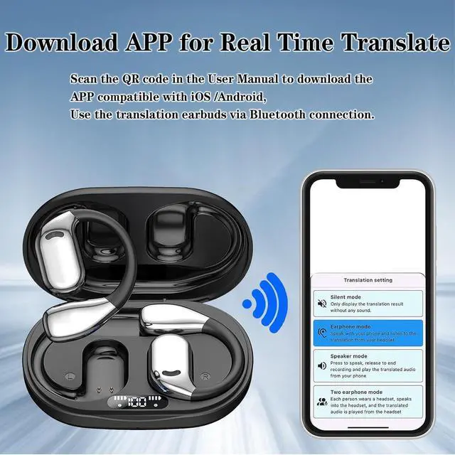 Alt view image 3 of 5 - AI Translation Earbuds Real Time for iPhone and Android, 144 Language Translator Earbuds, Bluetooth Headphones Translation Language Device 3-in-1 Translation Headphones with Charging Case(Black)
