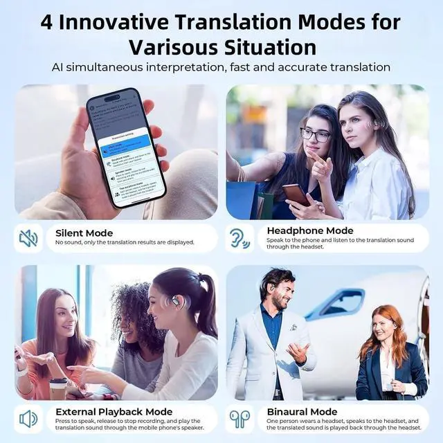 Alt view image 5 of 5 - AI Translation Earbuds Real Time for iPhone and Android, 144 Language Translator Earbuds, Bluetooth Headphones Translation Language Device 3-in-1 Translation Headphones with Charging Case(Black)