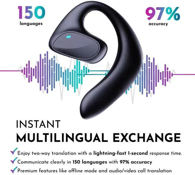 Alt view image 2 of 5 - AI Translation Earbuds Real Time - All Language Translator Headphone Translating Earpiece Device - Wireless Bluetooth Ear Bud Offline Live Translate Earphone Interpreter Open Earpod (Black)