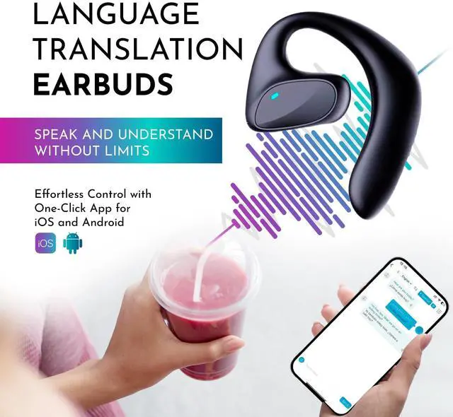 Alt view image 4 of 5 - AI Translation Earbuds Real Time - All Language Translator Headphone Translating Earpiece Device - Wireless Bluetooth Ear Bud Offline Live Translate Earphone Interpreter Open Earpod (Black)