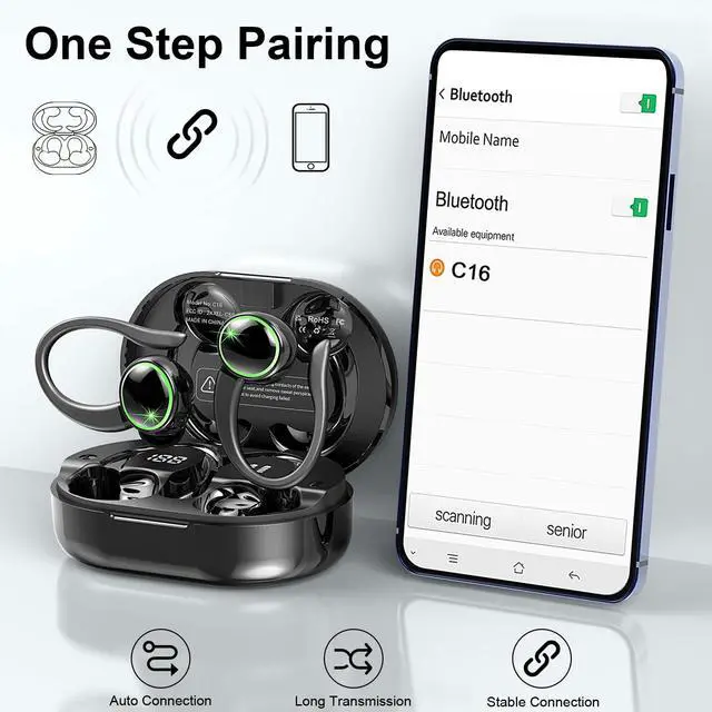 Alt view image 4 of 5 - Wireless Earbuds, 2025 Bluetooth 5.4 Headphones Sports, 50H Playback Over-Ear buds with ENC Noise Cancelling Mic, Deep Bass Fitness Earphones with Earhooks, IP7 Waterproof Headset for Gym Workout