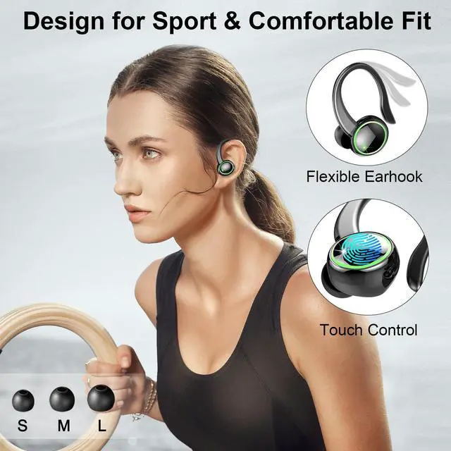Alt view image 5 of 5 - Wireless Earbuds, 2025 Bluetooth 5.4 Headphones Sports, 50H Playback Over-Ear buds with ENC Noise Cancelling Mic, Deep Bass Fitness Earphones with Earhooks, IP7 Waterproof Headset for Gym Workout