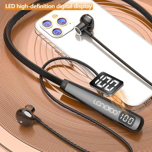 Alt view image 5 of 5 - Around the neck headphone, the new Bluetooth 5.4 playtime up to 100 hours LED battery display, with microphone neckband bluetooth headphones, neck headphones semi-in-ear noise cancelling IPX7 (Black)