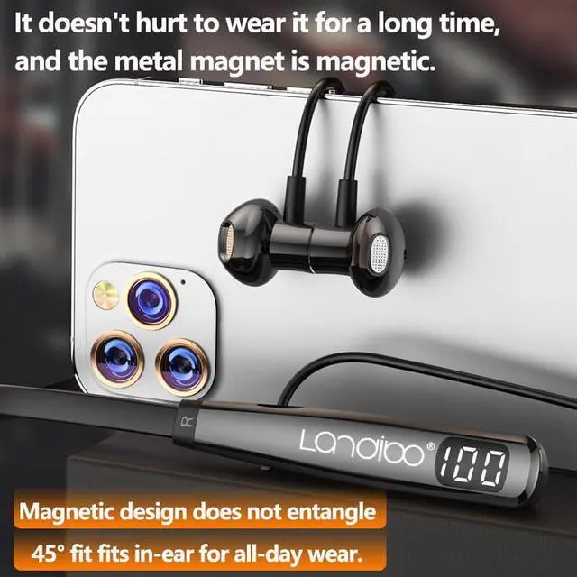 Alt view image 4 of 5 - Around the neck headphone, the new Bluetooth 5.4 playtime up to 100 hours LED battery display, with microphone neckband bluetooth headphones, neck headphones semi-in-ear noise cancelling IPX7 (Black)