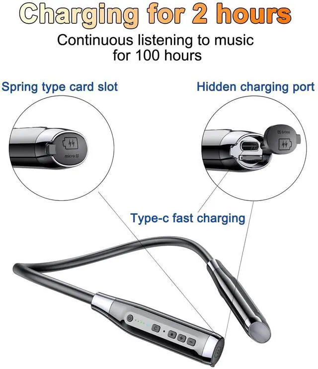 Alt view image 5 of 5 - Kinobo Neckband Bluetooth Headphones5.3 Bluetooth 100 Hours PlaytimeIPX7 Sports Waterproof Earbuds with Microphone Noise Cancelling with TF Card Slot HiFi Stereo (A12)