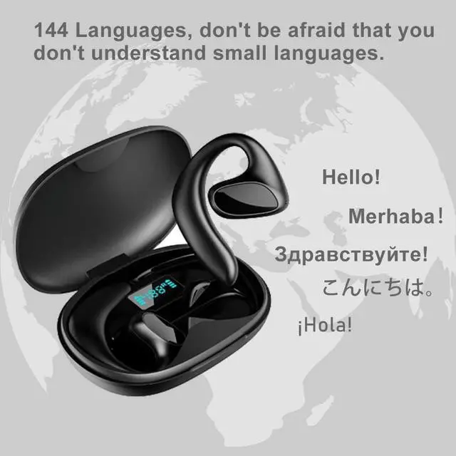 Alt view image 3 of 5 - JNXIKOU Wireless Bluetooth 5.1 Open-Ear-Headphones with Noise Cancellation, Smart Translator Headset, 144 Countries Language Translator with Earhooks for Workout Driving Walking, Black