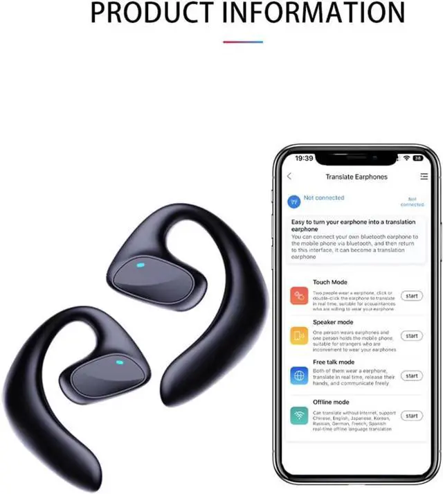 Alt view image 5 of 5 - JNXIKOU Wireless Bluetooth 5.1 Open-Ear-Headphones with Noise Cancellation, Smart Translator Headset, 144 Countries Language Translator with Earhooks for Workout Driving Walking, Black