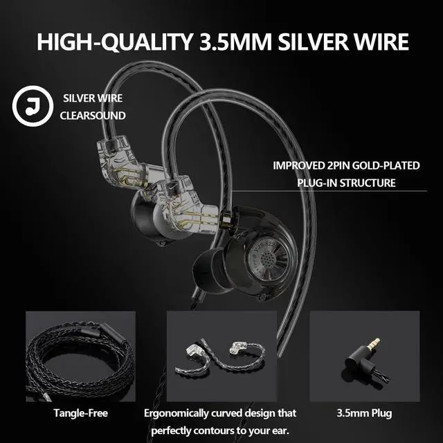 Alt view image 3 of 5 - HJ822 In-Ear Monitor, HiFi Headphones with Dual Magnetic Dynamic Driver, IEM Earphones Gaming Earbuds with Volume Control Bass Stereo Noise Isolating, 3.5mm Tangle-Free Cord (Without mic)