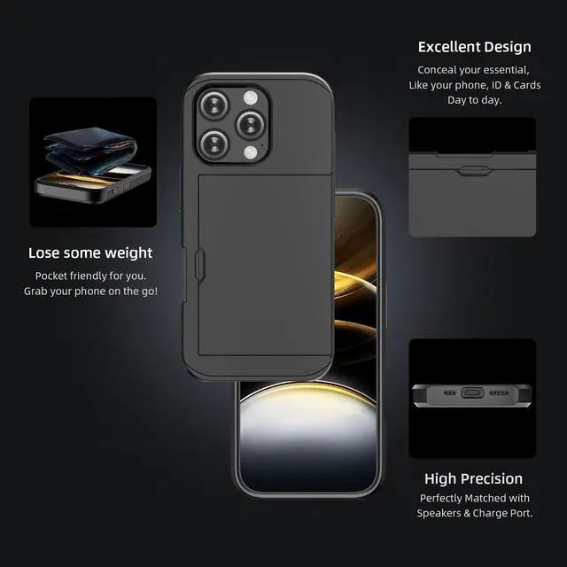 Alt view image 3 of 5 - Jiunai for iPhone 16 Pro Case Card Holder + USB C Headphone for iPhone 16 Pro Magnetic Attached in Ear Type C Earbuds + Wallet Case for iPhone 16 Pro 6.1'' Black + Silver