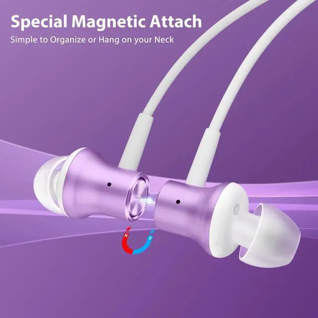 Alt view image 4 of 5 - Jiunai 2 Pack USB C Headphones, Wired Earbuds with USB C Plug in Ear Magnetic Stereo Remote Control Corded Type C Earphones for Samsung Galaxy S24 Ultra S24+ Plus iPad 15 Pro Max Purple White & Silver