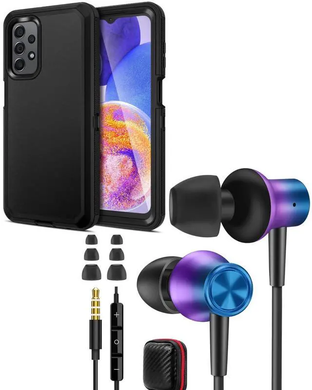 Main image of Jiunai Wired Earbuds Headphones with 3.5mm Jack + Galaxy A23 5G Case Heavy Duty [NOT for UW] Port Cover in Ear Built-in Mic Earphones for Samsung A23 5G Grediant Purple + Black