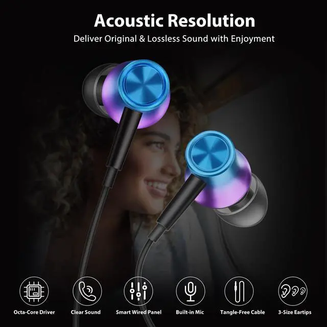 Alt view image 3 of 5 - Jiunai Wired Earbuds Headphones with 3.5mm Jack + Galaxy A23 5G Case Heavy Duty [NOT for UW] Port Cover in Ear Built-in Mic Earphones for Samsung A23 5G Grediant Purple + Black