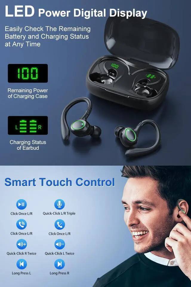 Alt view image 4 of 5 - Wireless Earbuds, 60H Playback Bluetooth 5.3 Headphones,Noise Cancelling Wireless Headphones with LED Battery Display, Mics Clear Call, IPX7 Waterproof Bluetooth Earbuds for Workout Sports (BLACK)