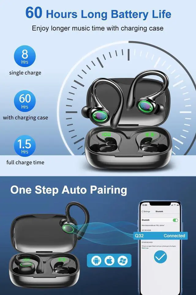 Alt view image 3 of 5 - Wireless Earbuds, 60H Playback Bluetooth 5.3 Headphones,Noise Cancelling Wireless Headphones with LED Battery Display, Mics Clear Call, IPX7 Waterproof Bluetooth Earbuds for Workout Sports (BLACK)