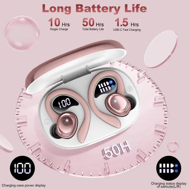 Alt view image 5 of 5 - Wireless Earbuds Sport, Bluetooth 5.4 Headphones with Earhook, 2025 Hi-Fi Stereo Over Ear Buds, 50H Earphones with 4 ENC Noise Canceling Mics, IP7 Waterproof Headset for Running Workout (Android/iOS)