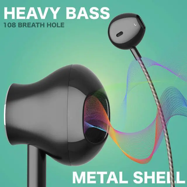 Alt view image 4 of 5 - Wired Earbuds with Mic Tangle Free Cord 3.5mm Jack Metal Headphones with Volume Control Extra Bass Noise Cancelling Earphones for Gaming Music Video Apple iPhone iPad Laptop Computer PC Black