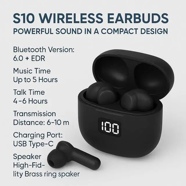 Alt view image 2 of 5 - Wireless Earbuds. Wireless headphones. Ear Buds Model S10. Bluetooth 5.3 color Black. Noise cancelling Earbuds, strong and smart noise cancelling, Powerful Bass. Music time: 5hs. Talk time: 4-6 hours.