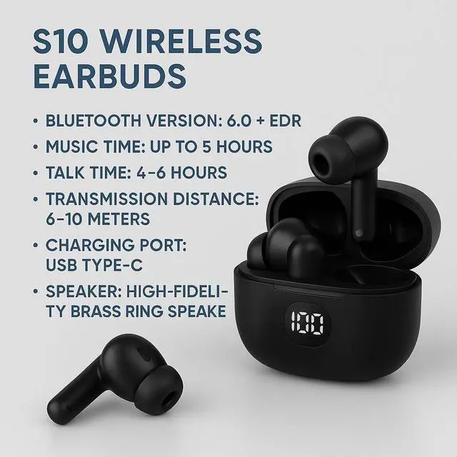Alt view image 3 of 5 - Wireless Earbuds. Wireless headphones. Ear Buds Model S10. Bluetooth 5.3 color Black. Noise cancelling Earbuds, strong and smart noise cancelling, Powerful Bass. Music time: 5hs. Talk time: 4-6 hours.