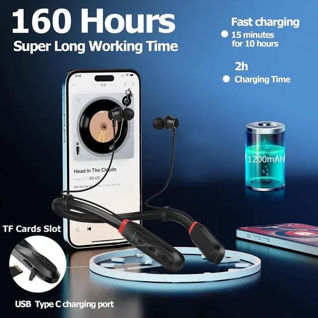 Alt view image 3 of 5 - Neckband Bluetooth Headphones, Around the Neck Headphones with TF Card Slot,Bluetooth Earbuds Wired Neckband Earphone Active Noise Canceling for Sports/Trips/Run/Cycling/Outdoor/Workout,200H Playtime