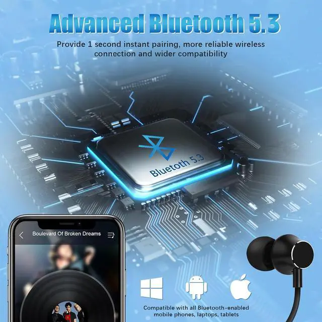 Alt view image 4 of 5 - Neckband Bluetooth Headphones, Around the Neck Headphones with TF Card Slot,Bluetooth Earbuds Wired Neckband Earphone Active Noise Canceling for Sports/Trips/Run/Cycling/Outdoor/Workout,200H Playtime