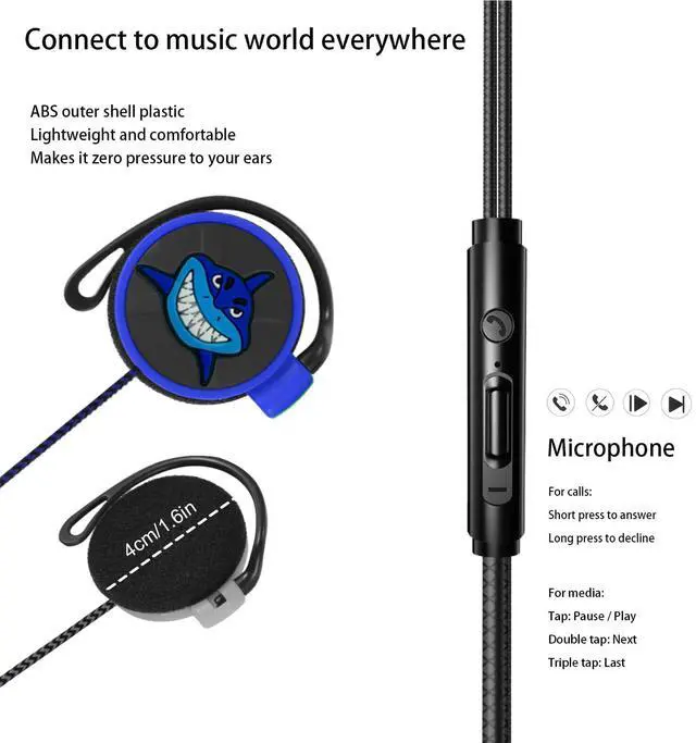 Alt view image 4 of 5 - GOGOSINIS Earbuds Set with Case for Kids for School, Wired Over-Ear 3.5mm Headphones for Phone and PC, Wrap Around Ear Buds with Earhook for Kids 3-8, Comfortable Earphones with Hook.(Blue-Shark)