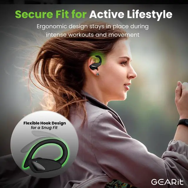 Alt view image 5 of 5 - GEARit Sport Hook True Wireless Earbuds Compatible with iPhone & Android - 23H Playtime - IPX7 Water Resistant & Sweatproof - Secure Fit 5.4 Bluetooth Ear Buds - Wireless Bluetooth Earbuds for Workout